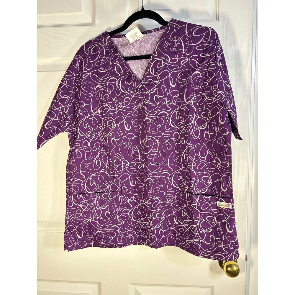 UA Scrubs Women's Medium Purple Swirl Print V-Neck Medical Scrub Top‎